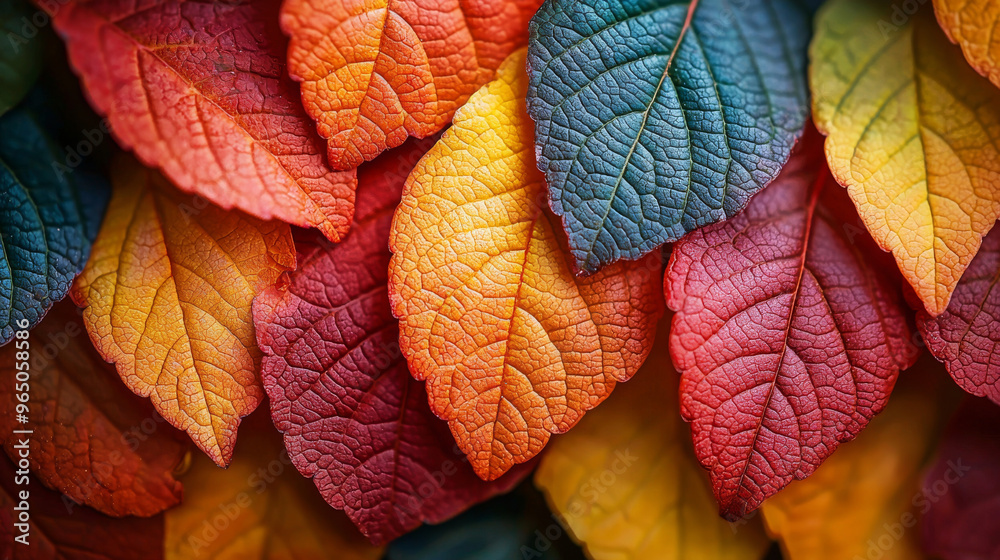 Close-up of vibrant autumn leaves in shades of red, orange, yellow, and green. Close-up of vibrant autumn leaves in shades of red, orange, yellow, and green.