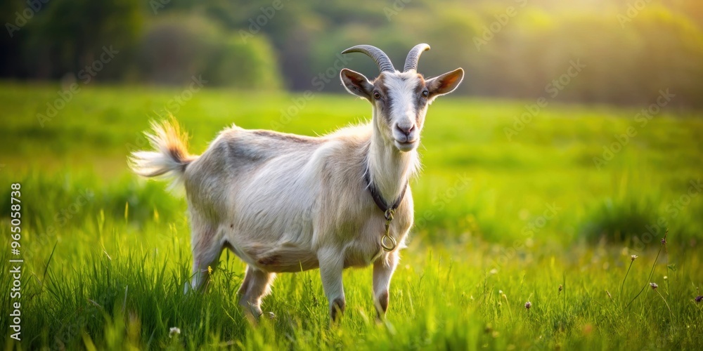 Domestic farm goat peacefully grazing in a lush green farm field, goat, domestic, farm, livestock, animal, agriculture, rural Domestic farm goat peacefully grazing in a lush green farm field, goat, domestic, farm, livestock, animal, agriculture, rural