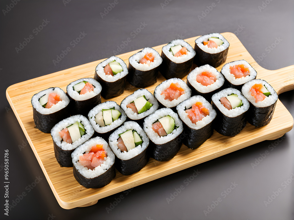 Maki Sushi Rolls on bamboo board isolated on White background with clipping path Maki Sushi Rolls on bamboo board isolated on White background with clipping path