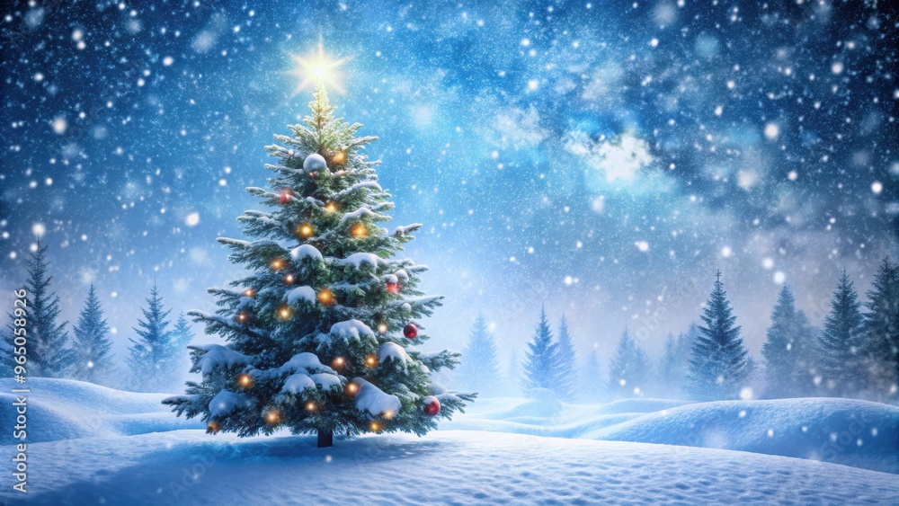 Snow-covered Christmas tree surrounded by falling snowflakes in a winter wonderland, winter, holidays, festive Snow-covered Christmas tree surrounded by falling snowflakes in a winter wonderland, winter, holidays, festive