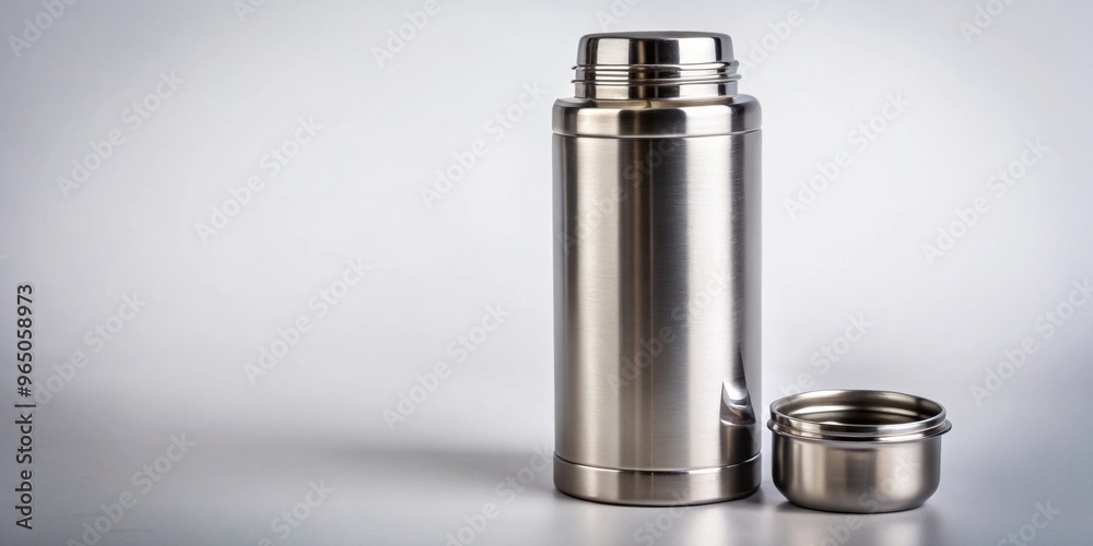 Close-up of an insulated stainless steel flask on a light background, flask, stainless steel, insulated, close-up Close-up of an insulated stainless steel flask on a light background, flask, stainless steel, insulated, close-up