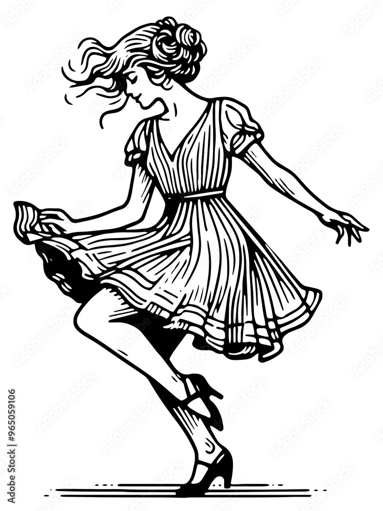 Fototapeta premium Woman dancing in a flowing dress, black and white illustration. Raster, generative ai.