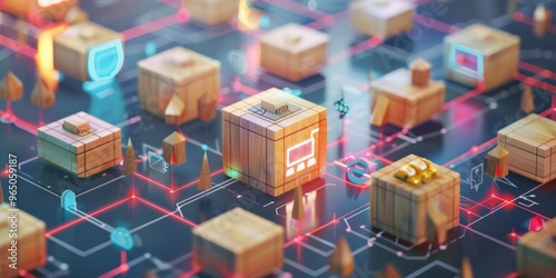 Network of store icons connected on wooden blocks, symbolizing franchise and e-commerce business. Perfect to illustrate online business concept, sales technology concept.