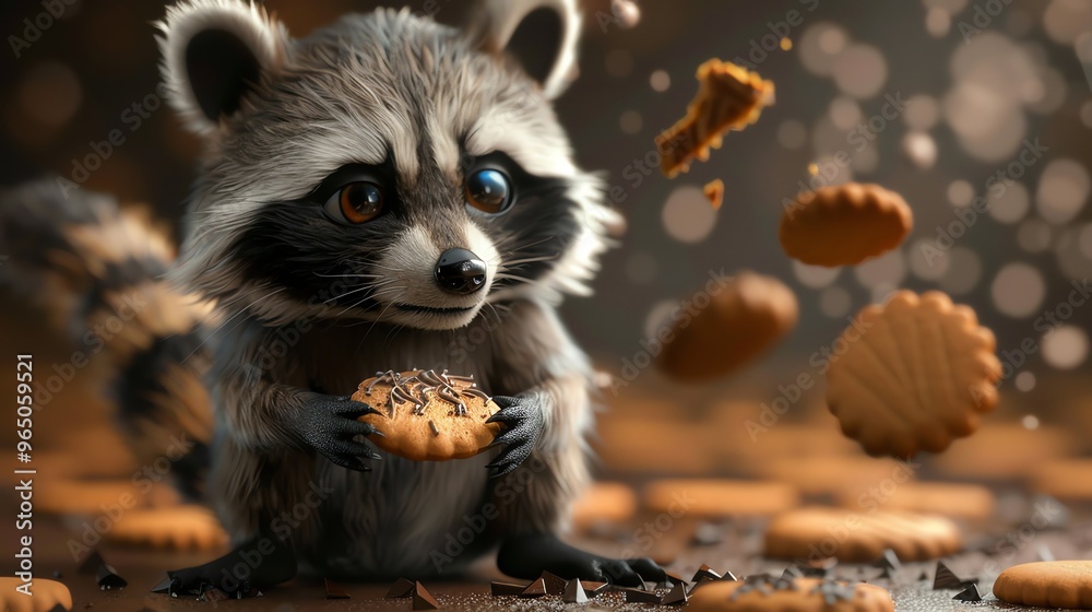 Obraz premium A raccoon eating a cookie.