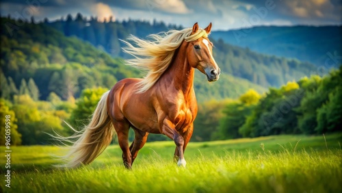 A stunning equine stands tall in a vibrant green meadow, its flowing mane and tail blowing gently, radiating