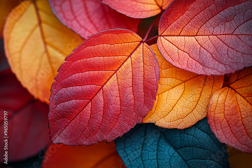 Close-up of vibrant autumn leaves in shades of red, orange, and teal.