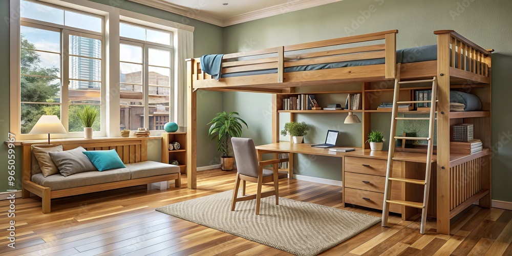 A sturdy solid wood loft bed in this spacious room provides ample restful space, complemented by a desk, A sturdy solid wood loft bed in this spacious room provides ample restful space, complemented by a desk,