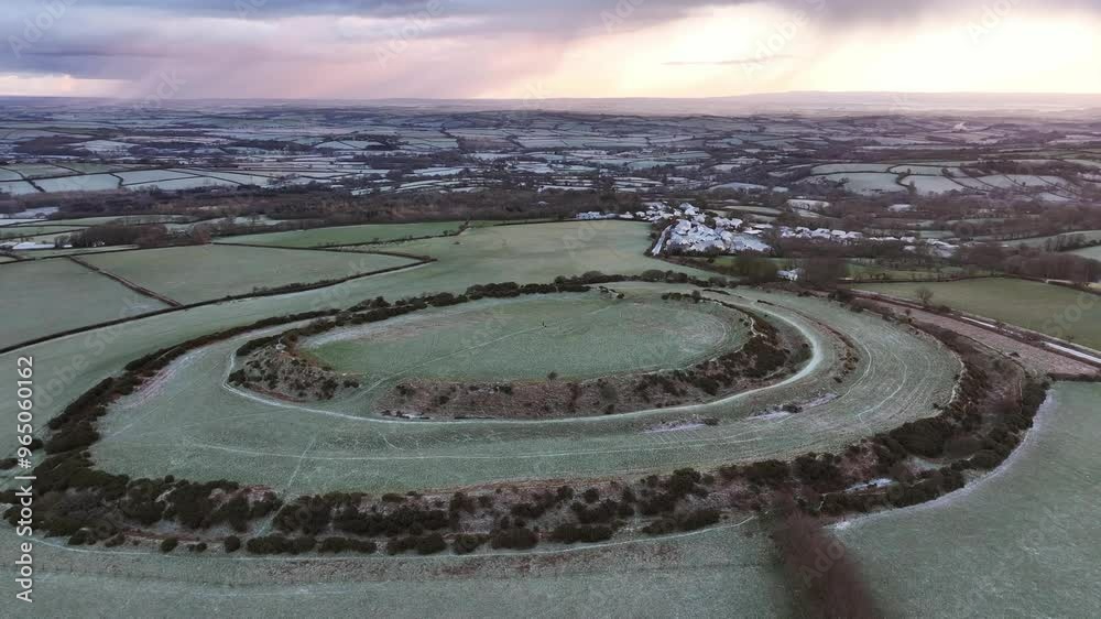 Aerial clip of Warbstow Bury Iron Age Hillfort on a frozen winter morning, Cornwall, England, United Kingdom, Europe Aerial clip of Warbstow Bury Iron Age Hillfort on a frozen winter morning, Cornwall, England, United Kingdom, Europe