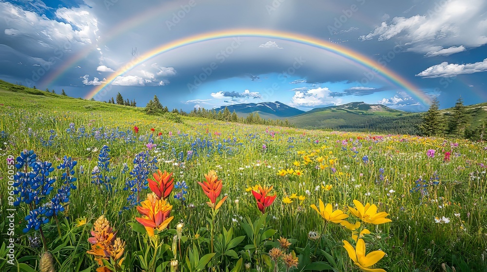 A Rainbow Arcs Over a Field of Wildflowers in the Mountains A Rainbow Arcs Over a Field of Wildflowers in the Mountains