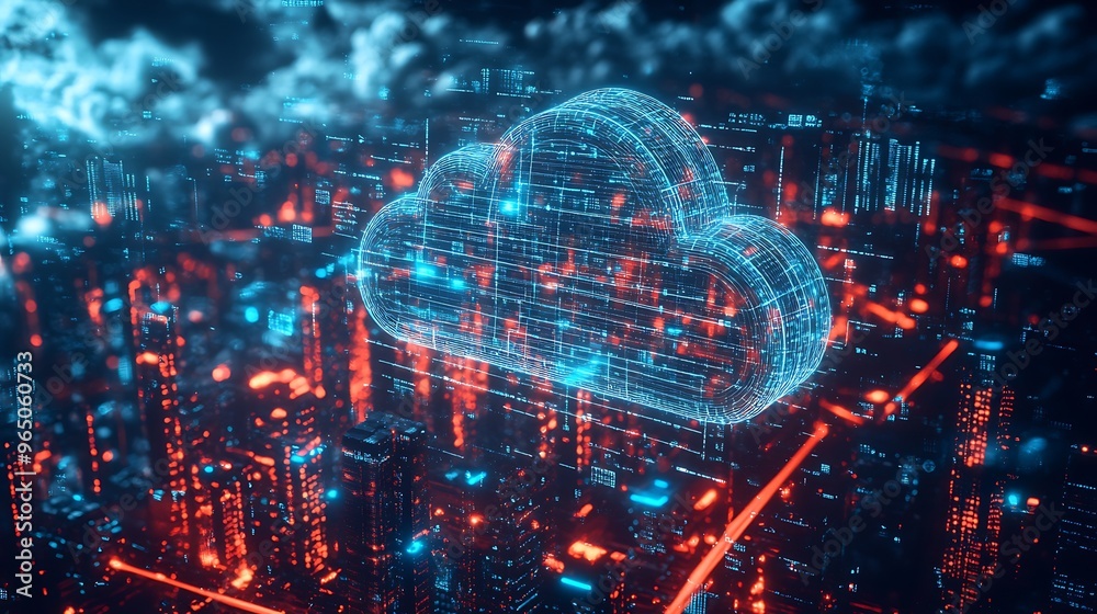 futuristic cloud computing network concept, with illuminated data streams connecting through the cloud to various devices, set against a backdrop of a modern city skyline futuristic cloud computing network concept, with illuminated data streams connecting through the cloud to various devices, set against a backdrop of a modern city skyline
