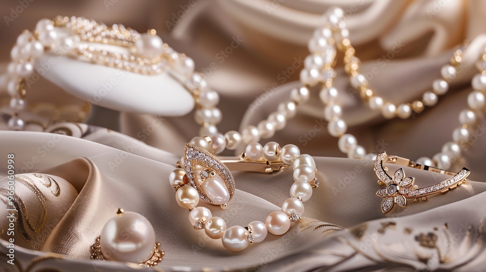 Pearl jewelry on a silky fabric. Pearl jewelry on a silky fabric.