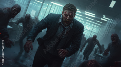 A man in a suit is running through a room full of zombies
