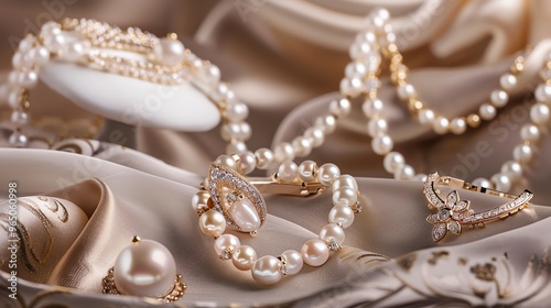 Pearl jewelry on a silky fabric.