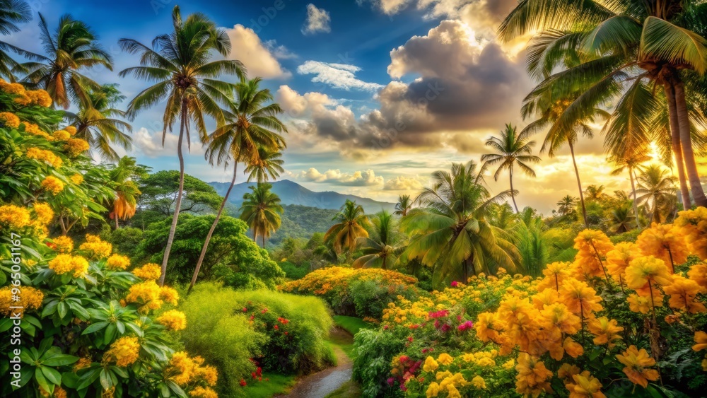 Fototapeta premium A tropical oasis, where verdant foliage and sunshine-bright flowers converge, wrapped in warm, inviting tones of