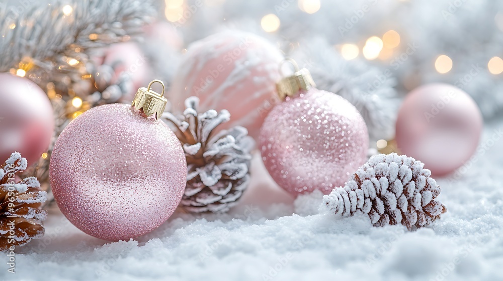 close-up view of a white surface adorned with pink Christmas baubles and frosted pinecones, creating a subtle and elegant holiday atmosphere close-up view of a white surface adorned with pink Christmas baubles and frosted pinecones, creating a subtle and elegant holiday atmosphere
