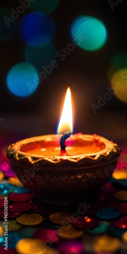 Diwali diya oil lamps with flowers holiday background. Creating a festive and decorative composition.