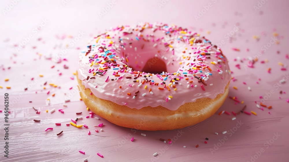 A pink frosted donut with colorful sprinkles, on a pink surface. A pink frosted donut with colorful sprinkles, on a pink surface.