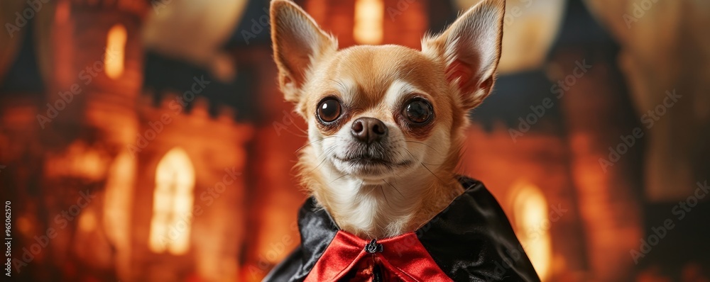 Enchantingly Spooky Dracula Chihuahua Posing in Front of a Haunted Castle Enchantingly Spooky Dracula Chihuahua Posing in Front of a Haunted Castle