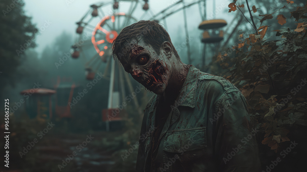 A rotting zombie monster with a disfigured face and torn clothes, hiding in the shadows of a wrecked amusement park. A rotting zombie monster with a disfigured face and torn clothes, hiding in the shadows of a wrecked amusement park.