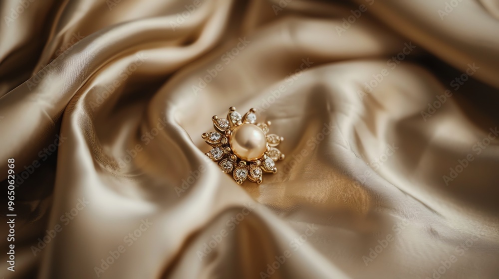 A gold ring with a pearl and diamonds on a gold silky fabric.