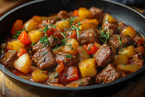 Beef stew with potatoes, carrots, and onions.