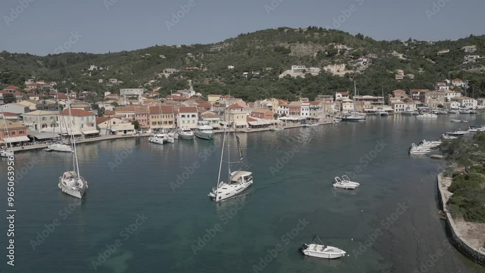 Drone view of boats and yachts lining harbour in Gaios Town, Gaios Town, Paxos, Ionian Sea, Greek Islands, Greece, Europe Drone view of boats and yachts lining harbour in Gaios Town, Gaios Town, Paxos, Ionian Sea, Greek Islands, Greece, Europe