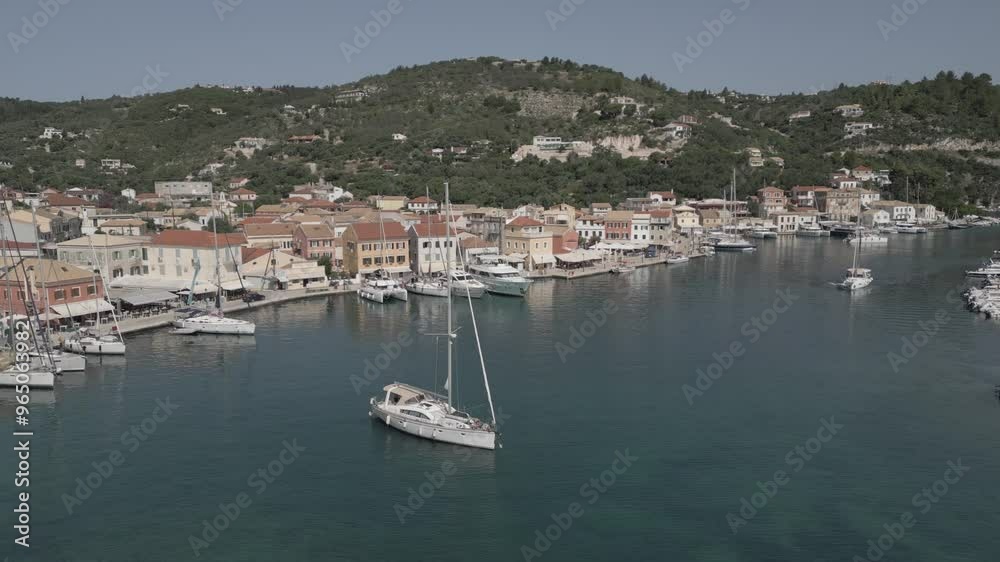 Drone view of boats and yachts lining harbour in Gaios Town, Gaios Town, Paxos, Ionian Sea, Greek Islands, Greece, Europe Drone view of boats and yachts lining harbour in Gaios Town, Gaios Town, Paxos, Ionian Sea, Greek Islands, Greece, Europe