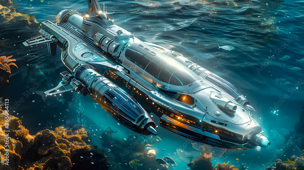 Obraz premium Fantasy futuristic submarine sails underwater