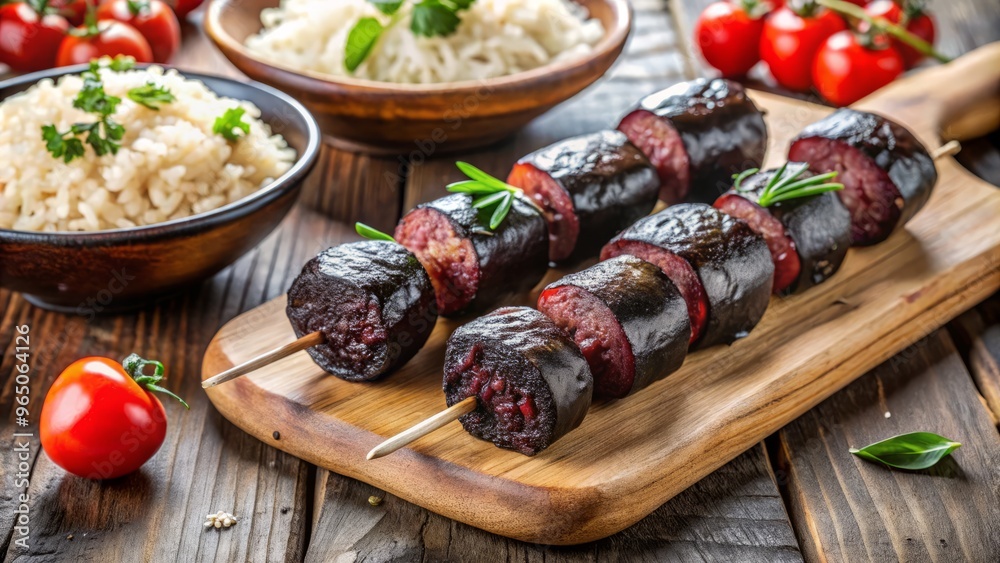 Braised pig blood and rice combine in a savory, slightly sweet sausage, grilled to a juicy finish on Braised pig blood and rice combine in a savory, slightly sweet sausage, grilled to a juicy finish on