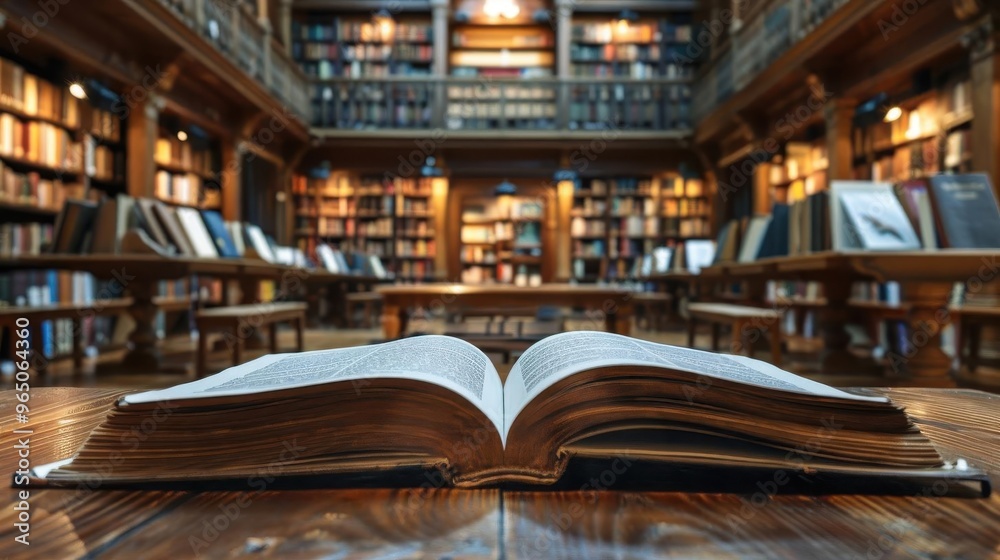An open book resting on a wooden table in a grand library, surrounded by bookshelves filled with literature and knowledge. An open book resting on a wooden table in a grand library, surrounded by bookshelves filled with literature and knowledge.