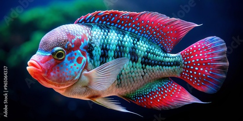 Bright flowerhorn cichlid features vibrant colors and striking head growth, boasting unique patterns. Now available for photo