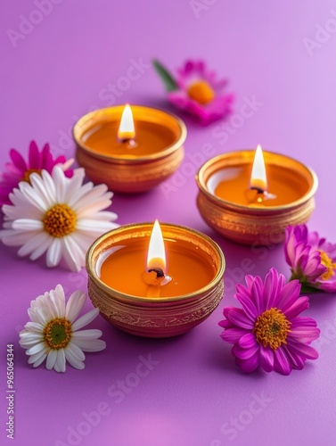 Diwali diya oil lamps with flowers holiday background. Creating a festive and decorative composition. photo