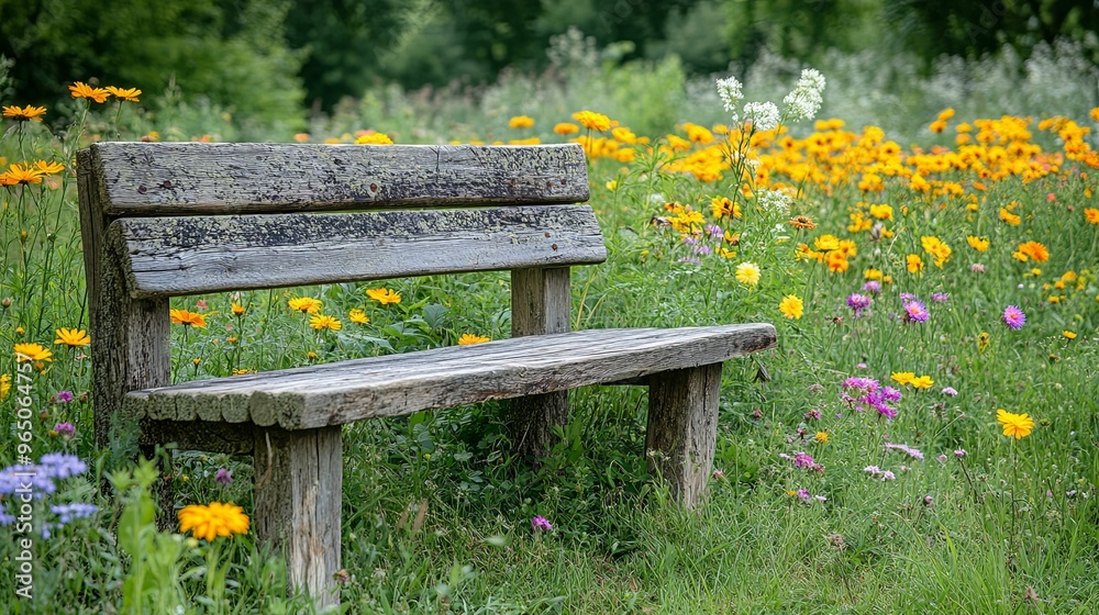 Weathered Wooden Bench in a Wildflower Meadow Weathered Wooden Bench in a Wildflower Meadow