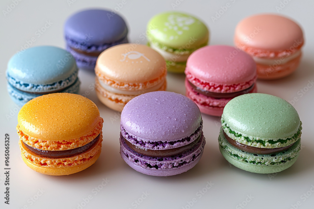 Colorful macarons arranged on a white surface. Colorful macarons arranged on a white surface.
