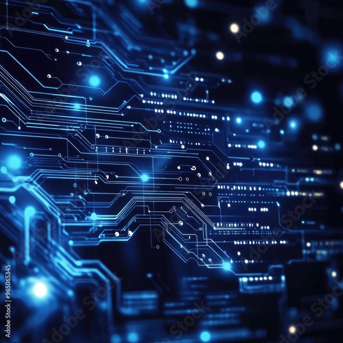 Abstract circuit board with blue glowing lights, representing technology and innovation in a digital environment.