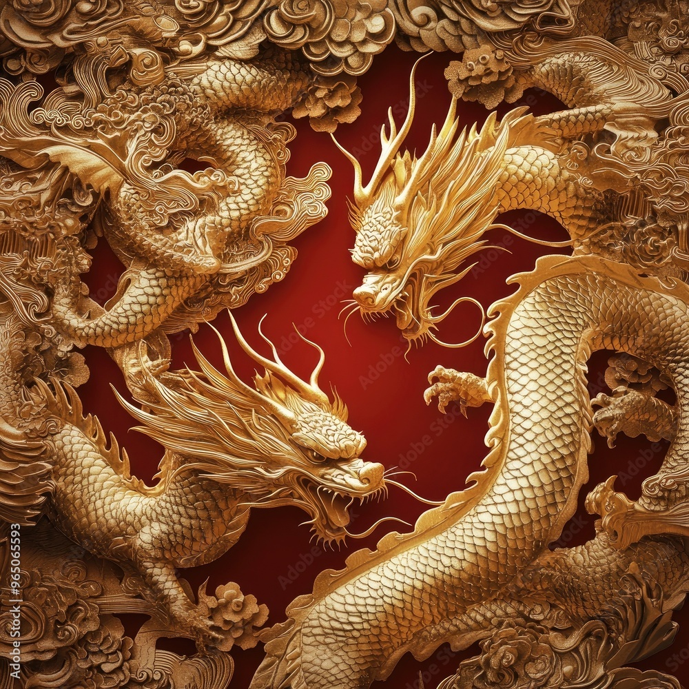 Fototapeta premium Intricate golden dragon artwork on a striking red background, showcasing mythical beauty and cultural significance.