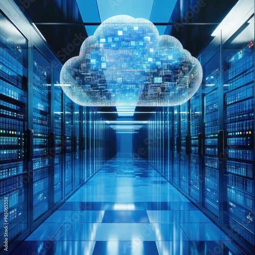 Futuristic data center showcasing cloud technology with digital connections and server racks illuminated in blue tones.