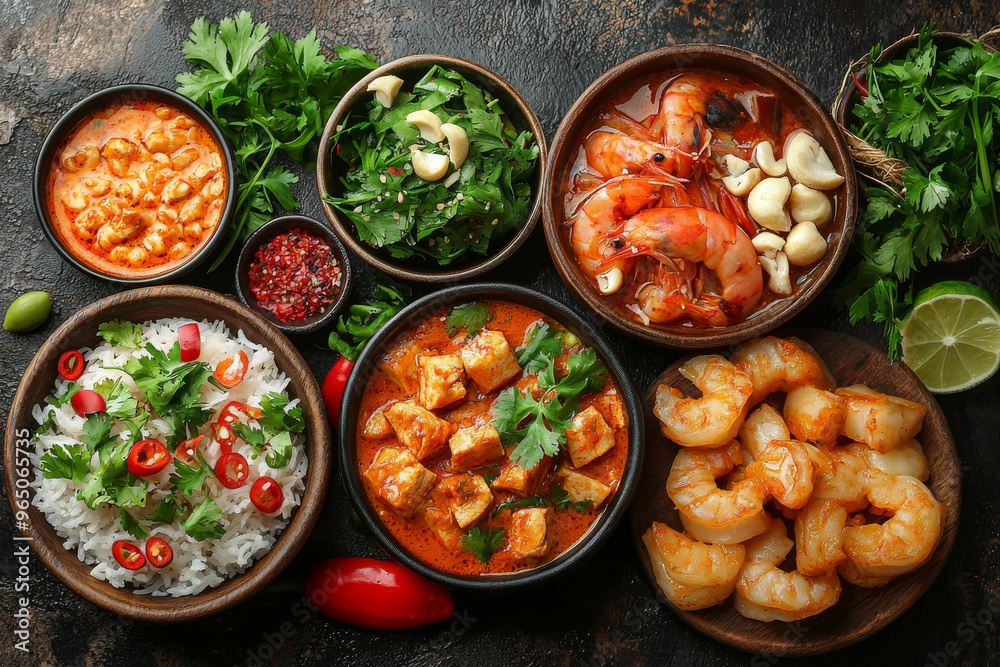 A delicious spread of Thai food, including curry, rice, and shrimp. A delicious spread of Thai food, including curry, rice, and shrimp.