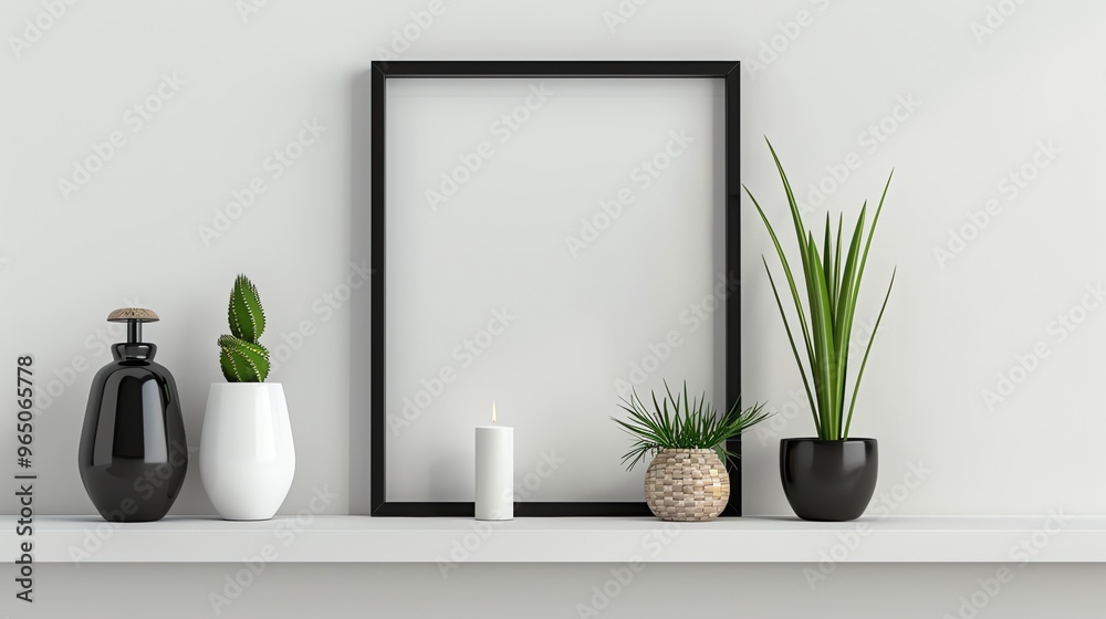 A black frame, a white candle, and three potted plants on a white shelf in front of a white wall.