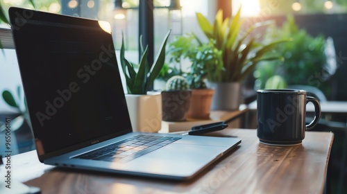 A laptop, a mug, and a plant on a table in front of a window.