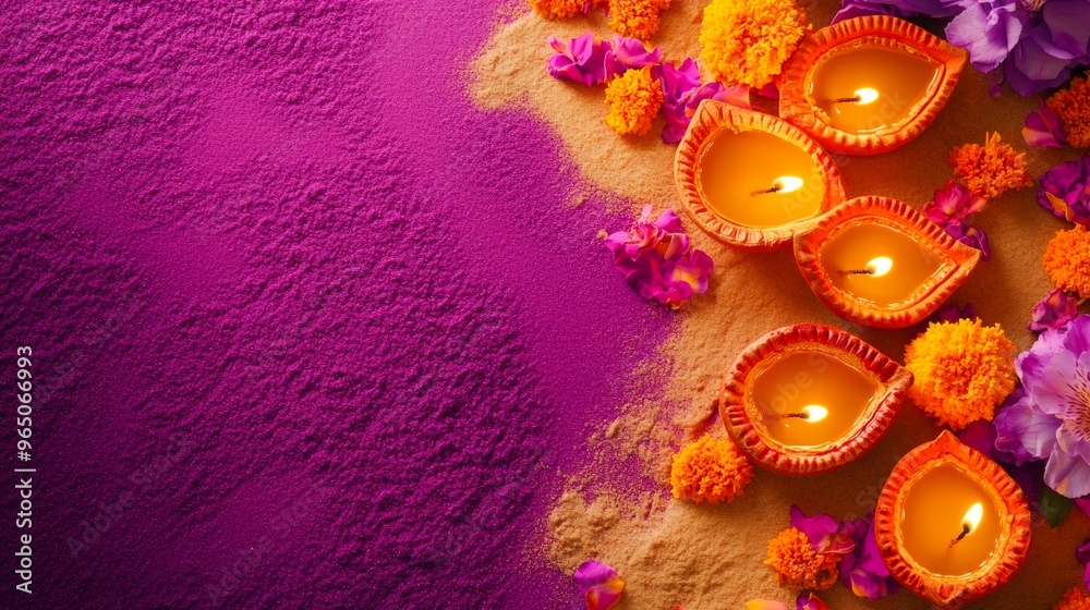 Naklejka premium Diwali diya oil lamps with flowers holiday background. Creating a festive and decorative composition.
