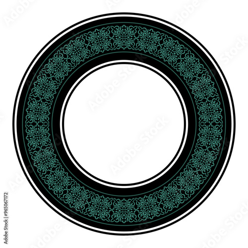 Black green Islamic Asian national round ornament. Traditional ornament of middle Asia for decoration of clothes and yurts. Nomadic ornament. Kazakh pattern frame, border, decorative ornament. 