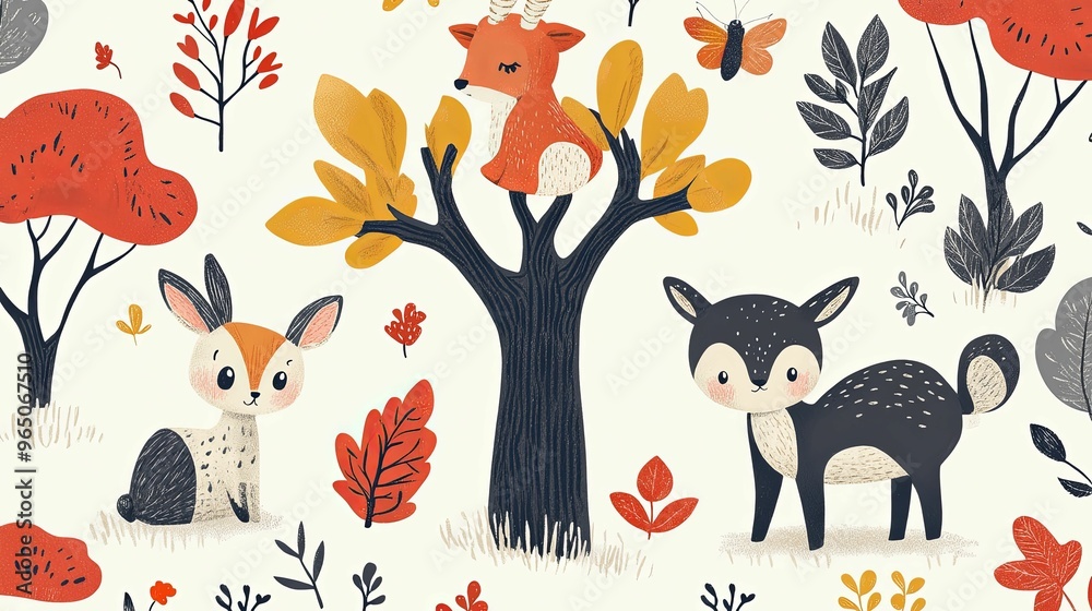 Forest Illustration with Three Deers and a Butterfly Forest Illustration with Three Deers and a Butterfly