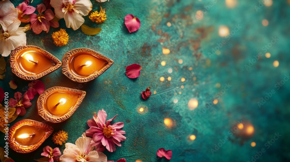 Diwali diya oil lamps with flowers holiday background. Creating a festive and decorative composition. Diwali diya oil lamps with flowers holiday background. Creating a festive and decorative composition.