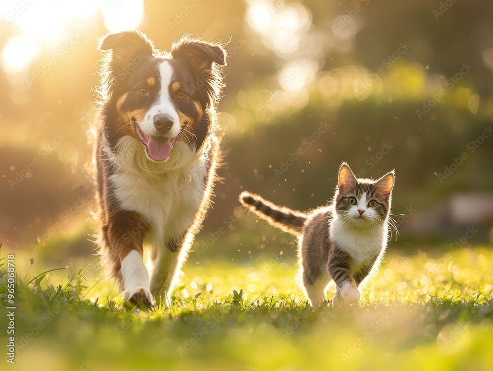 Obraz premium Happy australian shepherd dog walking with a cute cat on a green field with natural sunlight - ai