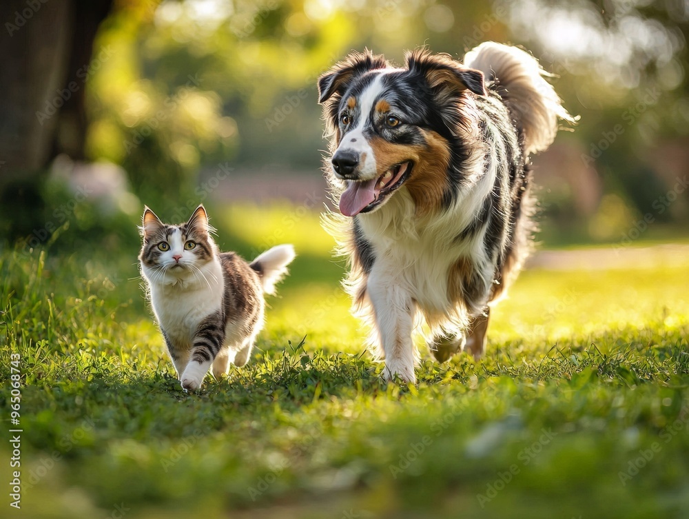 Happy australian shepherd dog walking with a cute cat on a green field with natural sunlight - ai Happy australian shepherd dog walking with a cute cat on a green field with natural sunlight - ai