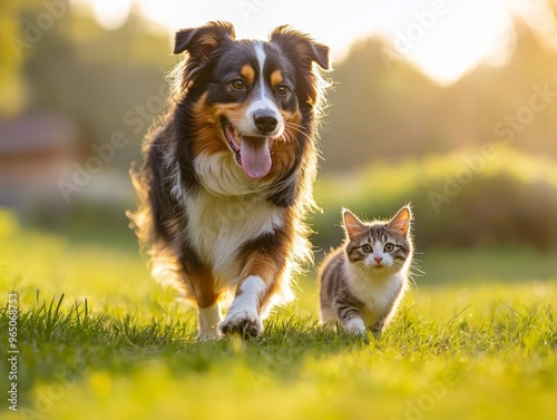 Happy australian shepherd dog walking with a cute cat on a green field with natural sunlight - ai