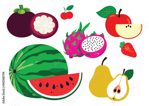 Set of colorful hand drawn fruits. Modern abstract minimal style. 2d. flat design.