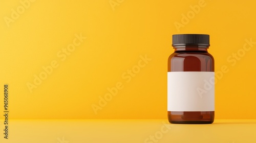 A clean amber glass bottle with a blank label on a vibrant yellow background, ideal for product or branding displays.