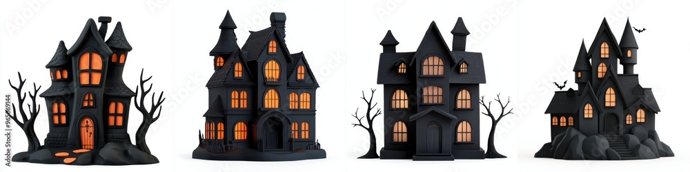 A collection of spooky black houses with glowing windows, perfect for Halloween themed designs and illustrations. A collection of spooky black houses with glowing windows, perfect for Halloween themed designs and illustrations.
